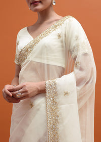 White Embroidered Border Saree With Unstitched Blouse