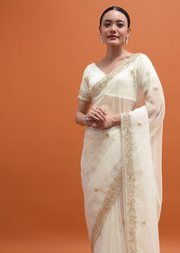 White Embroidered Border Saree With Unstitched Blouse