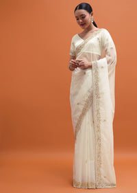 White Embroidered Border Saree With Unstitched Blouse