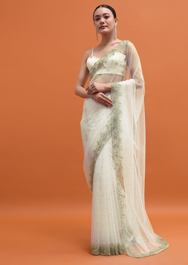 White Embroidered Net Saree With Unstitched Blouse