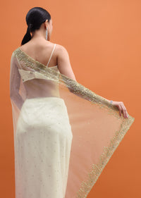 White Embroidered Net Saree With Unstitched Blouse