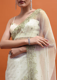 White Embroidered Net Saree With Unstitched Blouse