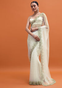 White Embroidered Net Saree With Unstitched Blouse