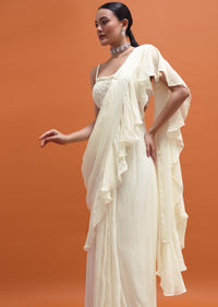 White Embroidered Silk Blouse And Skirt With Attached Dupatta