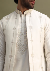 White Gold Foil Apllique Work On Kurta Jacket Set