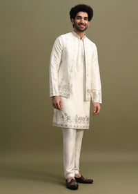 White Gold Foil Apllique Work On Kurta Jacket Set