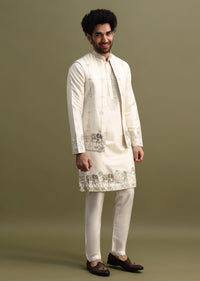 White Gold Foil Apllique Work On Kurta Jacket Set