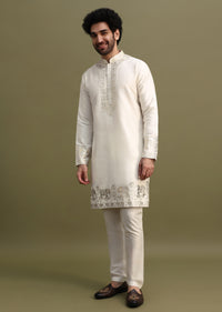 White Gold Foil Apllique Work On Kurta Jacket Set