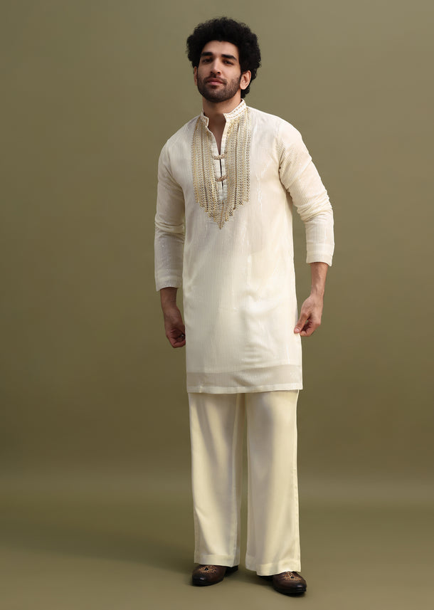 White Gold Sequin Kurta With Loose Fitted Pants