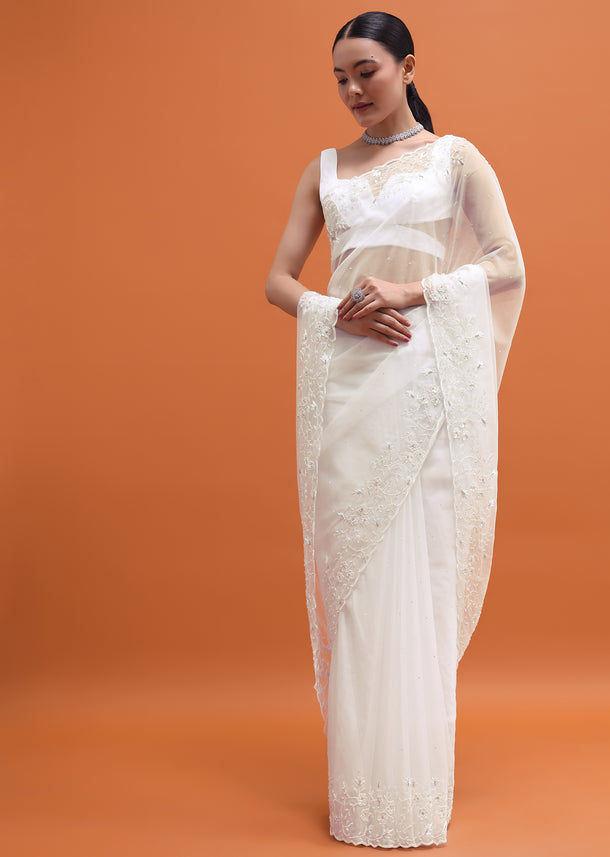 White Embroidered Organza Saree With Unstitched Blouse