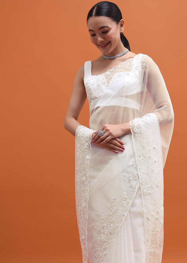 White Embroidered Organza Saree With Unstitched Blouse