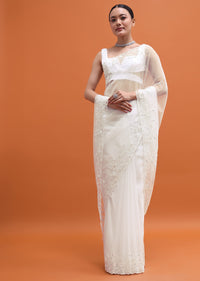 White Embroidered Organza Saree With Unstitched Blouse