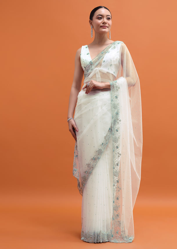 White Sequin Embellished Saree With Unstitched Blouse