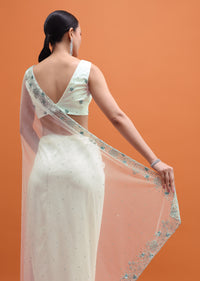 White Sequin Embellished Saree With Unstitched Blouse