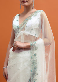 White Sequin Embellished Saree With Unstitched Blouse