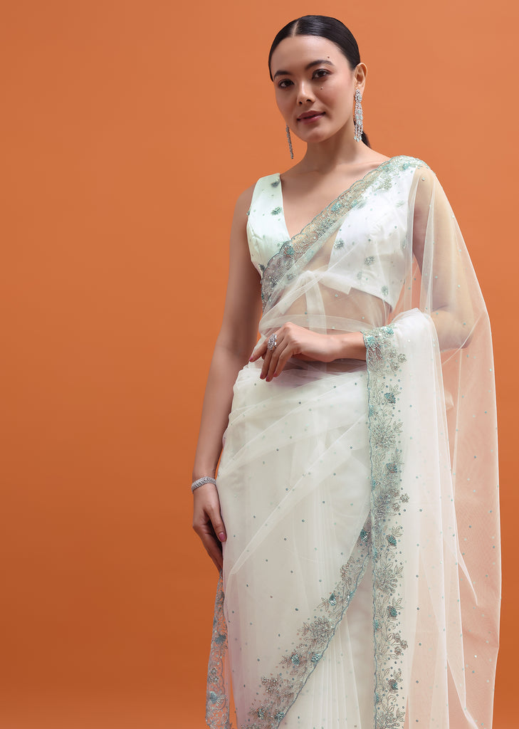 White Sequin Embellished Saree With Unstitched Blouse