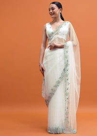 White Sequin Embellished Saree With Unstitched Blouse