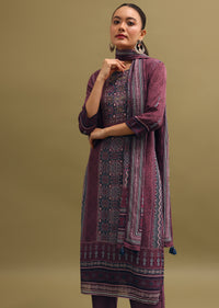 Wine Printed Crepe Kurta Set With Dupatta