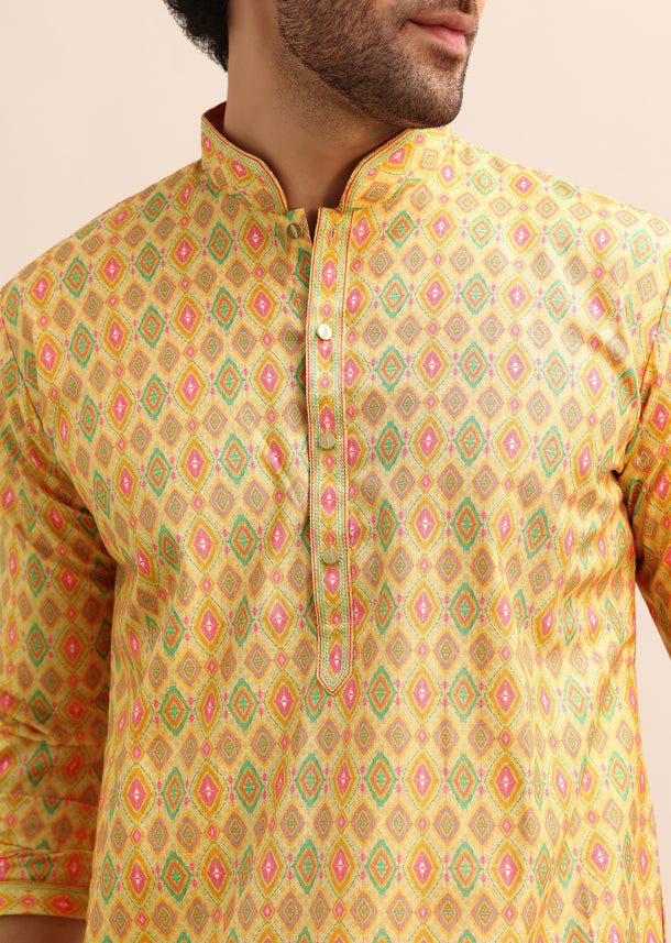 Yellow Printed Kurta Set For Men