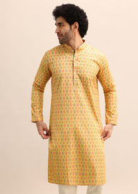 Yellow Printed Kurta Set For Men