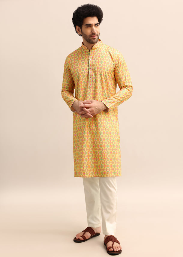 Yellow Printed Kurta Set For Men