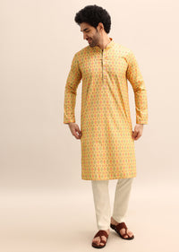 Yellow Printed Kurta Set For Men