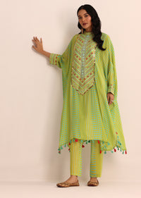 Yellow And Blue Embroidered Crepe Kaftan Kurti And Pant