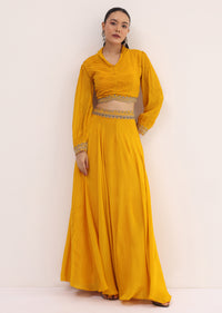 Yellow Embroidered Chiffon Crop Top And Skirt