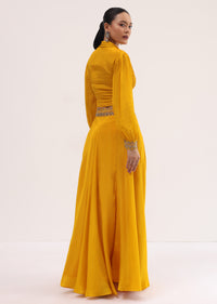 Yellow Embroidered Chiffon Crop Top And Skirt