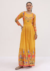 Yellow Embroidered Silk Long Kurti