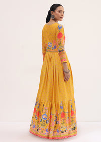 Yellow Embroidered Silk Long Kurti