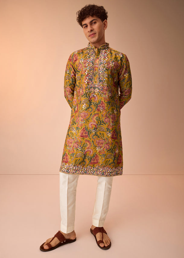 Yellow Floral Printed Silk Kurta Set For Men