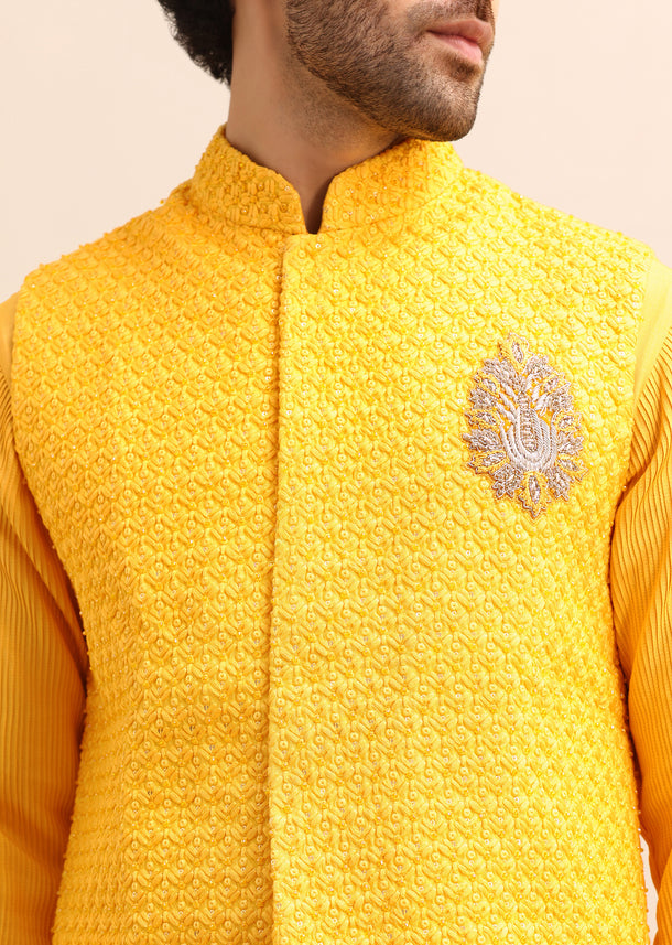 Yellow Kurta Set With Hand Embroidered Jacket