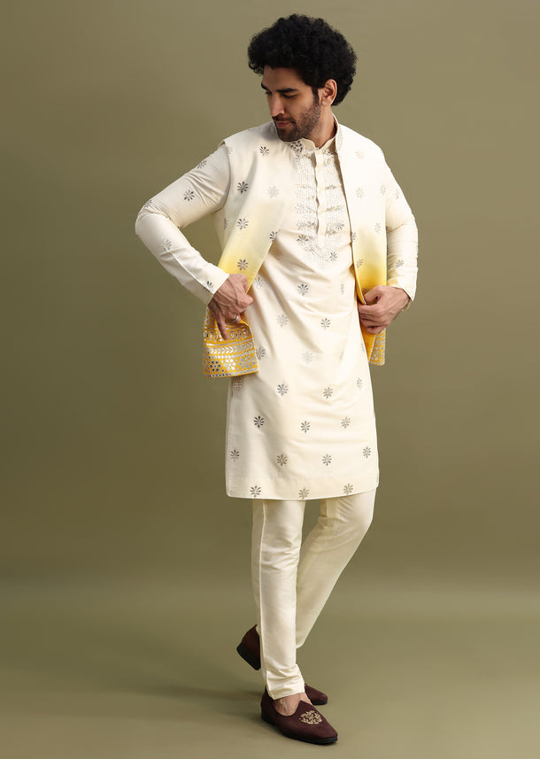 Yellow Shaded Gold Foil Apllique Work On Kurta Jacket Set