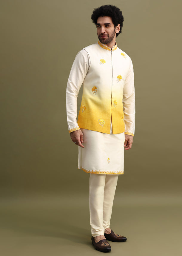 Yellow Shaded Kurta Set With Floral Motif Jacket