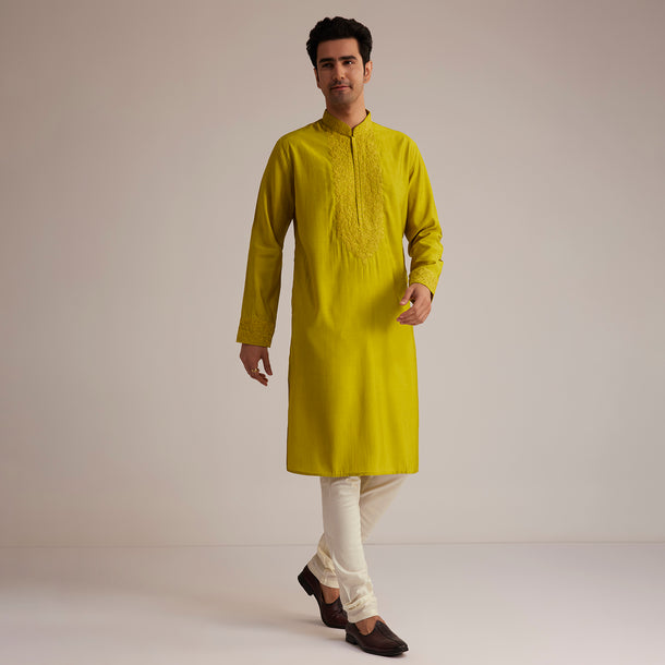 Yellow Silk Kurta With Thread Embroidery