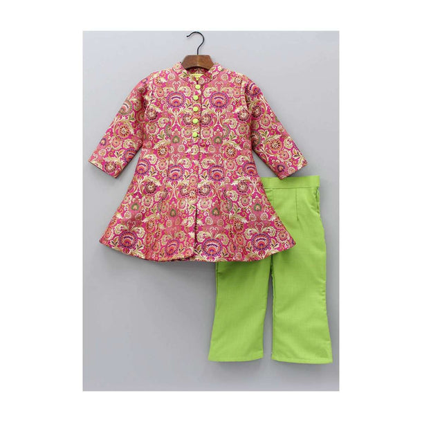 A Line Brocade Suit In Princes Line With Pista Green Straight Pants Online - Kalki Fashion