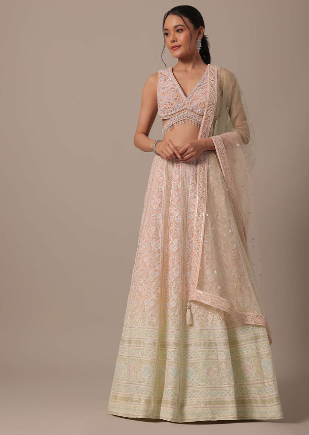 Peach Net Lehenga Set With Cutdana Work