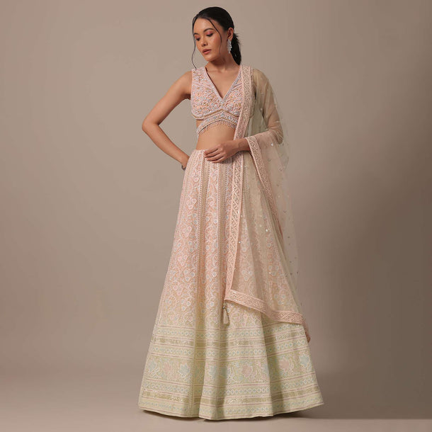 Peach Net Lehenga Set With Cutdana Work