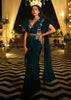 Bottle Green Ready Pleated Saree With A Colorful Hand Embroidered Blouse With Fancy Layered Frill Sleeves