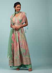 Absinthe Green Chinon Printed And Embroidered Palazzo Suit