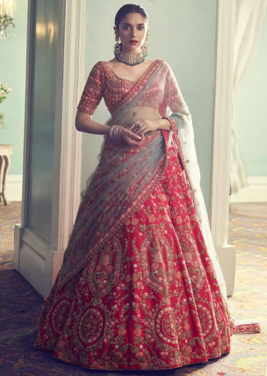 Aditi Rao Hydari In Kalki Crimson Red Lehenga in Raw Silk With Intricately Hand Embroidered Floral Pattern