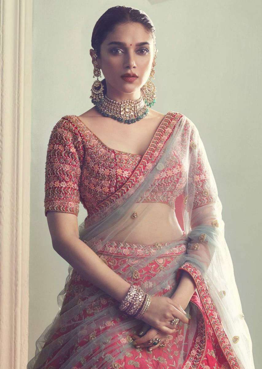 Aditi Rao Hydari In Kalki Crimson Red Lehenga in Raw Silk With Intricately Hand Embroidered Floral Pattern