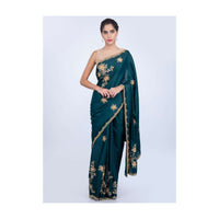 Admiral blue dupion silk saree with embroidered lower bottom and pallo only on kalki