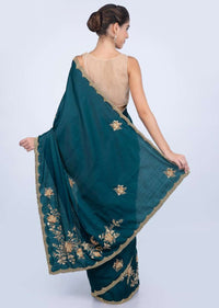 Admiral blue dupion silk saree with embroidered lower bottom and pallo only on kalki