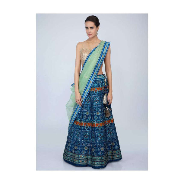 Admiral Blue Lehenga With Patola Print And Green Organza Dupatta Online - Kalki Fashion