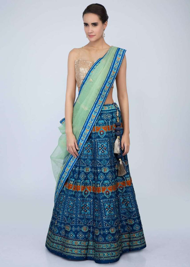 Admiral Blue Lehenga With Patola Print And Green Organza Dupatta Online - Kalki Fashion