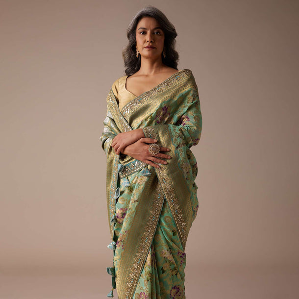 Agate Green Banarasi Saree In Banarasi Silk With Weaved Floral Jaal All Over