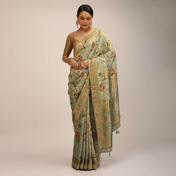Agate Green Banarasi Saree In Silk Georgette With Weaved Floral Jaal All Over