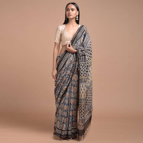 Airforce Blue Saree In Cotton With Block Printed Floral Jaal And Tussar Silk Pallu Online - Kalki Fashion